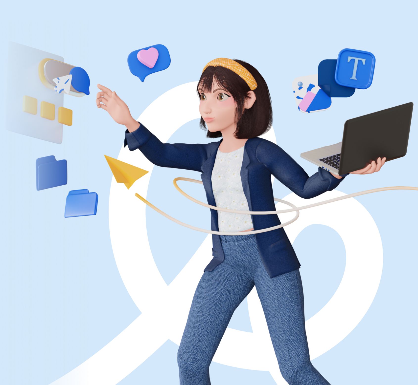 Asisten AI assistant character holding a laptop, surrounded by chat and app icons